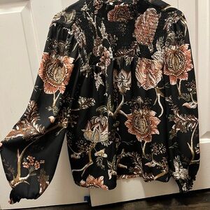 Floral Black and Long Sleeve Brown Blouse